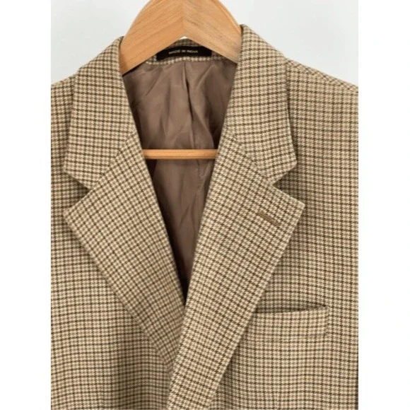 Izod Silk Blazer Sport Coat Suit‎ Jacket Men 43 R Houndstooth Tan Beige Brown